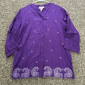 Serengeti Purple Rayon Tunic Top Large L Embroidered Paisley Hem 3/4 Sleeve Boho